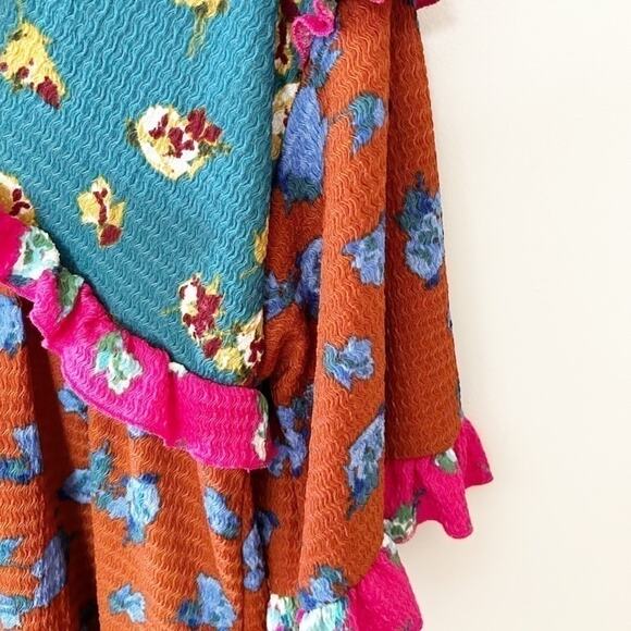 Anthropologie Novelty Orange Blue V-Neck Ruffled Sleep Mini Dress Size XS - Picture 3 of 8